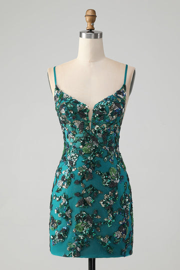 Sparkly Dark Green Beaded Sequins Bodycon Homecoming Dress med snørerygg